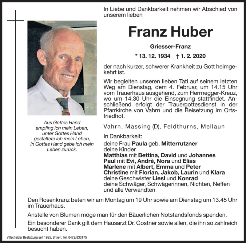  Traueranzeige für Franz Huber vom 03.02.2020 aus Dolomiten