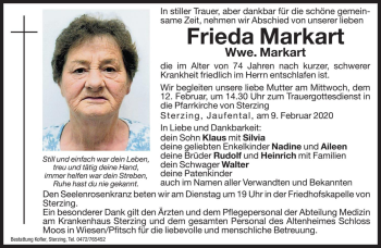 Traueranzeige von Frieda Markart von Dolomiten