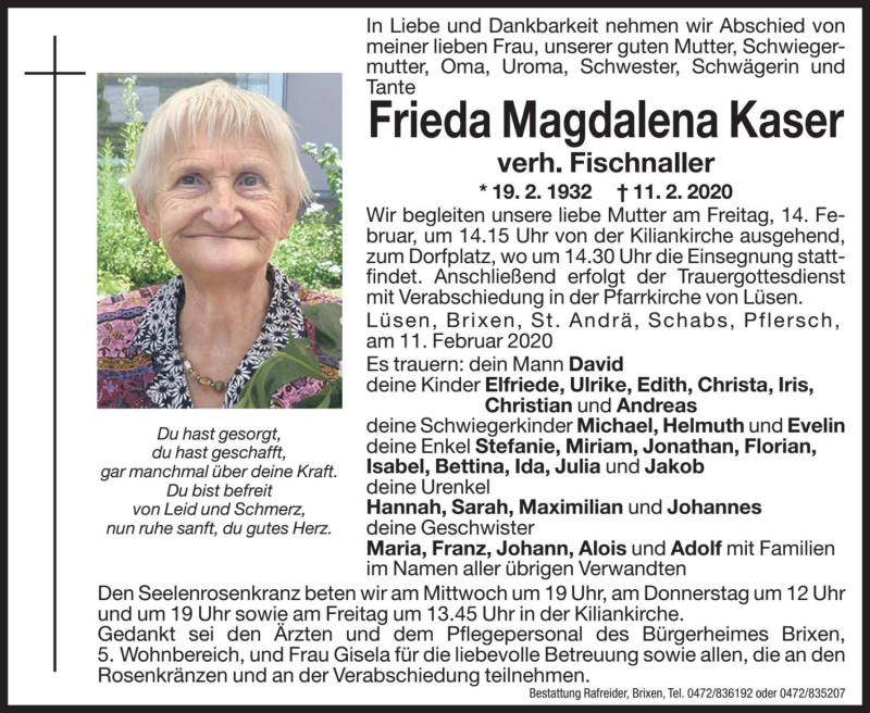  Traueranzeige für Frieda Magdalena Fischnaller vom 12.02.2020 aus Dolomiten