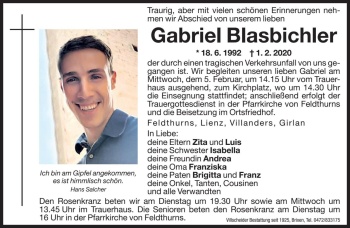 Traueranzeige von Gabriel Blasbichler von Dolomiten