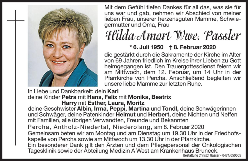  Traueranzeige für Hilda Passler vom 10.02.2020 aus Dolomiten