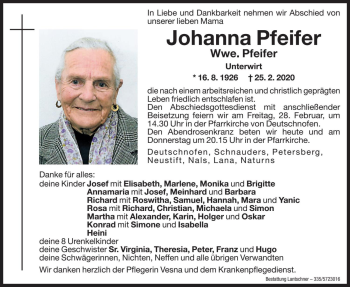 Traueranzeige von Johanna Pfeifer von Dolomiten