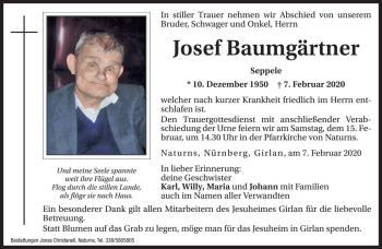 Traueranzeige von Josef Baumgärtner von Dolomiten