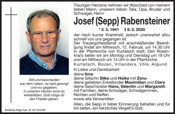 Traueranzeige von Josef Rabensteiner von Dolomiten