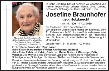 Traueranzeige von Josefine Braunhofer von Dolomiten