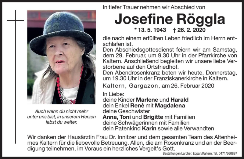  Traueranzeige für Josefine Röggla vom 27.02.2020 aus Dolomiten