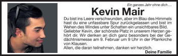 Traueranzeige von Kevin Mair von Dolomiten