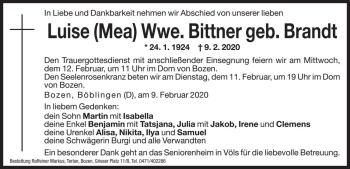 Traueranzeige von Luise Bittner von Dolomiten