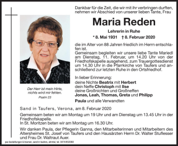 Traueranzeige von Maria Reden von Dolomiten