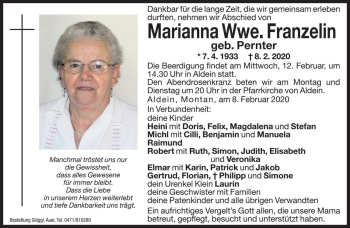 Traueranzeige von Marianna Franzelin  von Dolomiten
