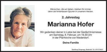 Traueranzeige von Marianna Hofer von Dolomiten