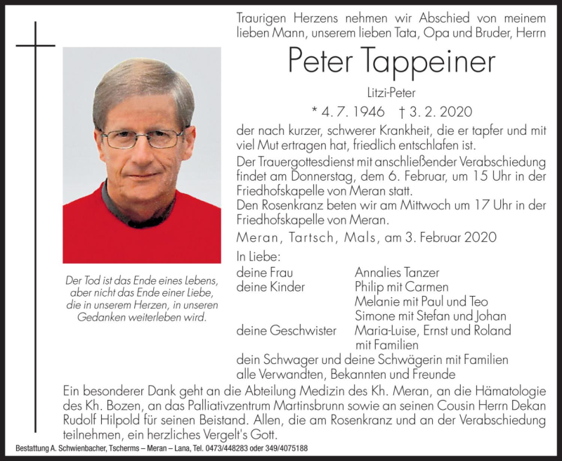  Traueranzeige für Peter Tappeiner vom 05.02.2020 aus Dolomiten