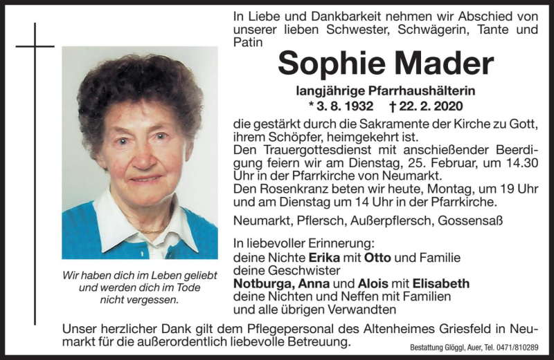  Traueranzeige für Sophie Mader vom 24.02.2020 aus Dolomiten
