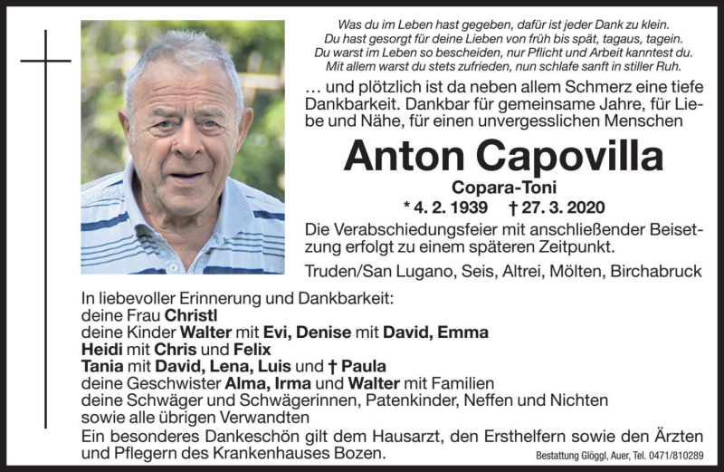  Traueranzeige für Anton Capovilla vom 28.03.2020 aus Dolomiten