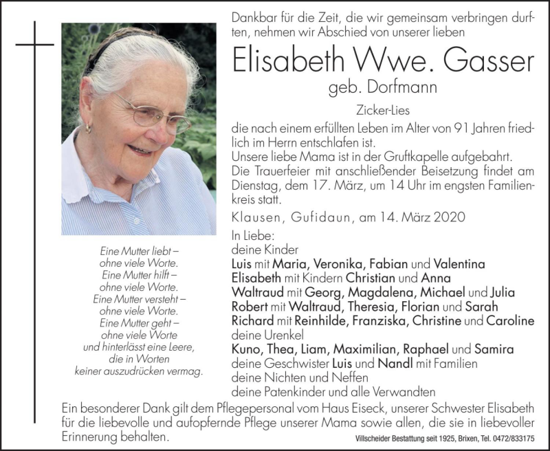  Traueranzeige für Elisabeth Gasser vom 16.03.2020 aus Dolomiten