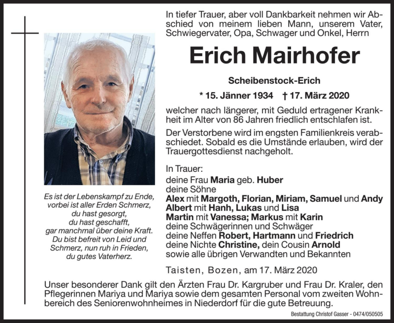  Traueranzeige für Erich Mairhofer vom 18.03.2020 aus Dolomiten