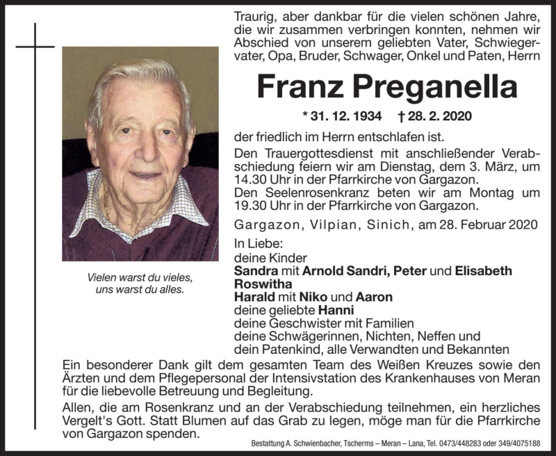  Traueranzeige für Franz Preganella vom 02.03.2020 aus Dolomiten