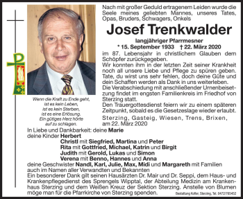 Traueranzeige von Josef Trenkwalder  von Dolomiten