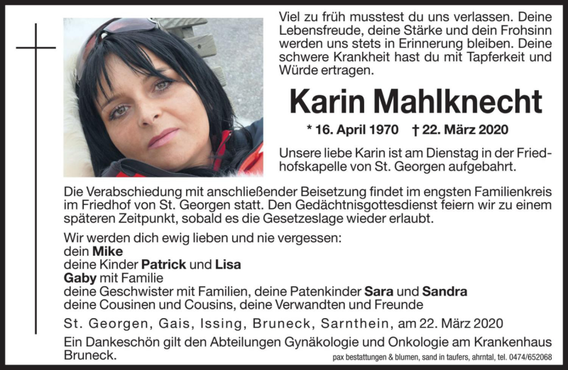  Traueranzeige für Karin Mahlknecht vom 23.03.2020 aus Dolomiten
