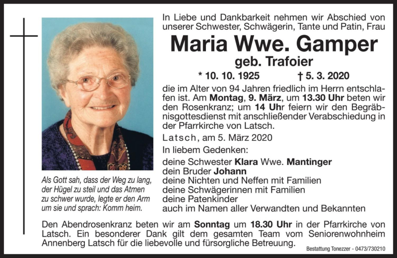  Traueranzeige für Maria Gamper vom 07.03.2020 aus Dolomiten