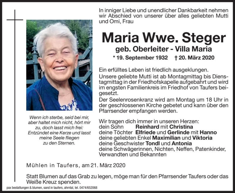  Traueranzeige für Maria Steger vom 23.03.2020 aus Dolomiten