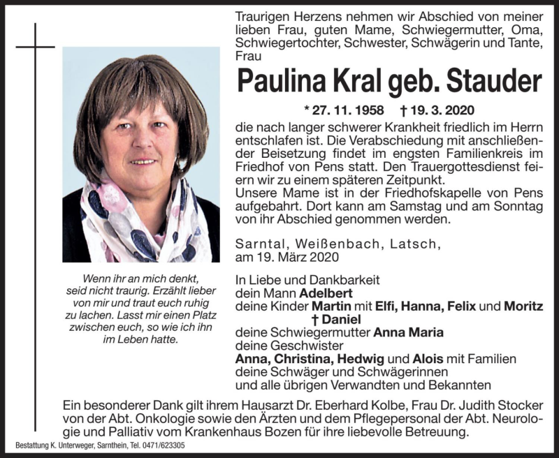  Traueranzeige für Paulina Kral vom 21.03.2020 aus Dolomiten