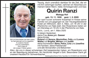 Traueranzeige von Quirin Ranzi von Dolomiten