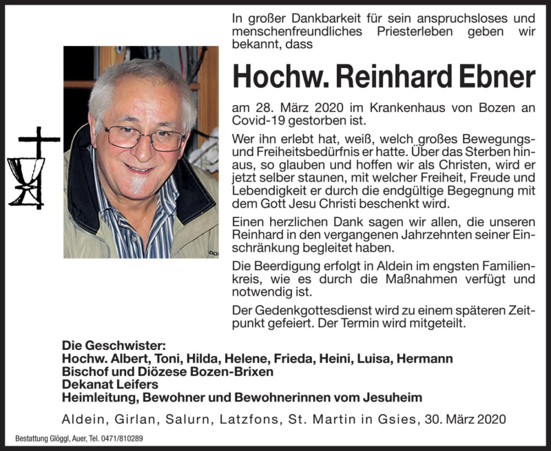  Traueranzeige für Reinhard Ebner vom 30.03.2020 aus Dolomiten