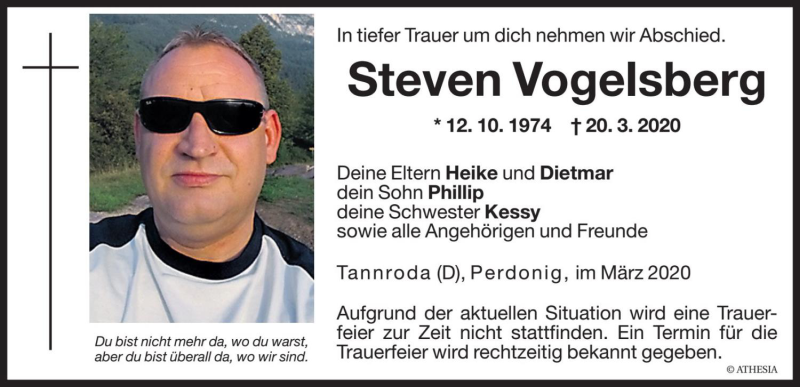  Traueranzeige für Steven Vogelsberg vom 27.03.2020 aus Dolomiten