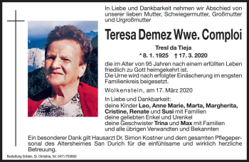 Traueranzeige von Teresa Comploi von Dolomiten