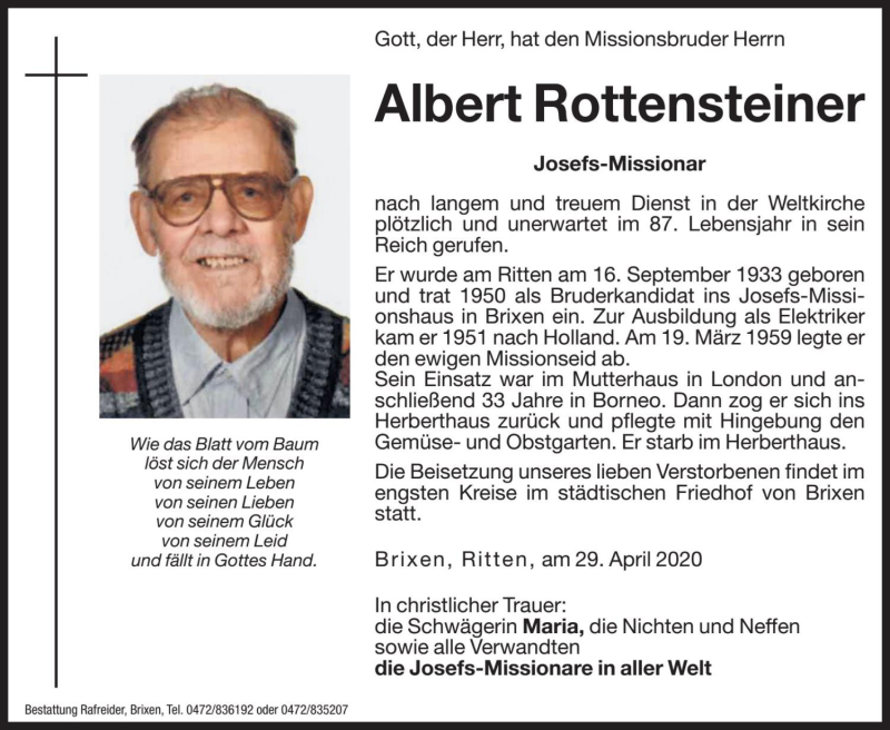  Traueranzeige für Albert Rottensteiner vom 30.04.2020 aus Dolomiten