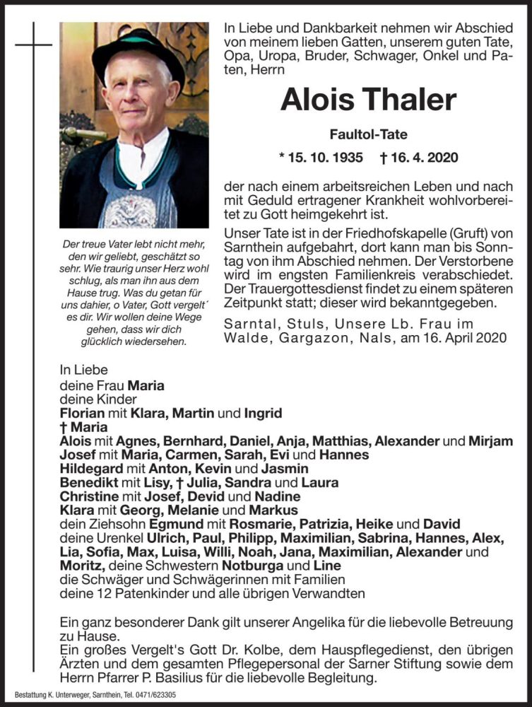  Traueranzeige für Alois Thaler vom 18.04.2020 aus Dolomiten