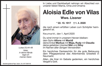 Traueranzeige von Aloisia Edle Lissner von Dolomiten