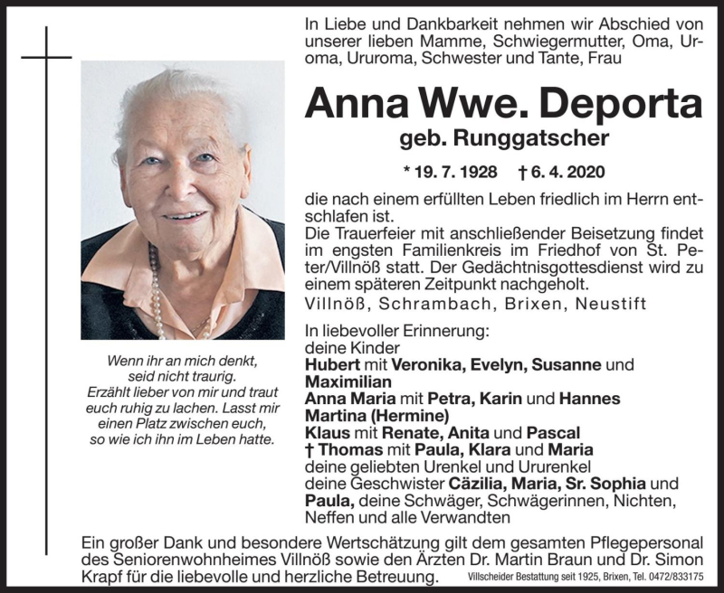  Traueranzeige für Anna Deporta vom 08.04.2020 aus Dolomiten
