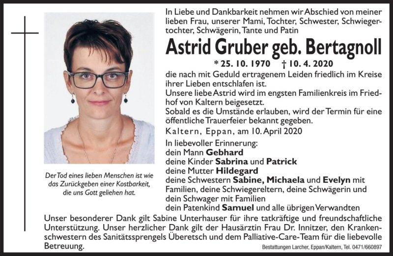  Traueranzeige für Astrid Gruber  vom 11.04.2020 aus Dolomiten