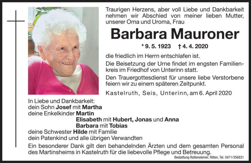  Traueranzeige für Barbara Mauroner vom 06.04.2020 aus Dolomiten