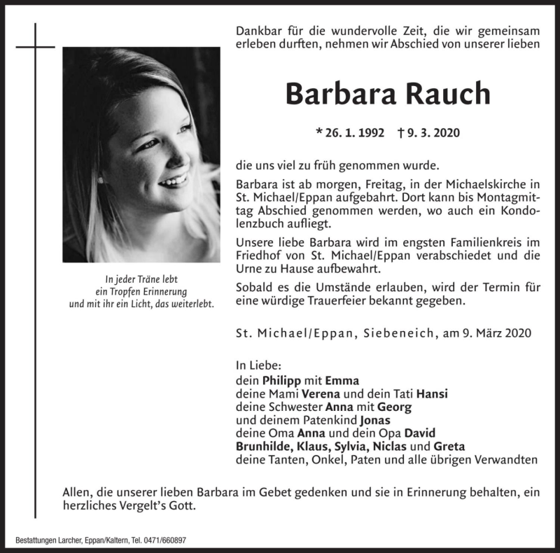  Traueranzeige für Barbara Rauch vom 30.04.2020 aus Dolomiten