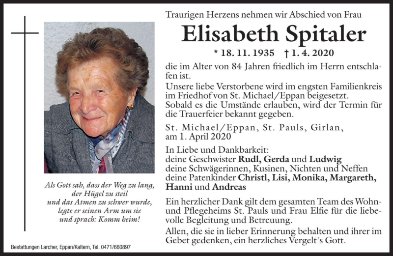  Traueranzeige für Elisabeth Spitaler vom 03.04.2020 aus Dolomiten