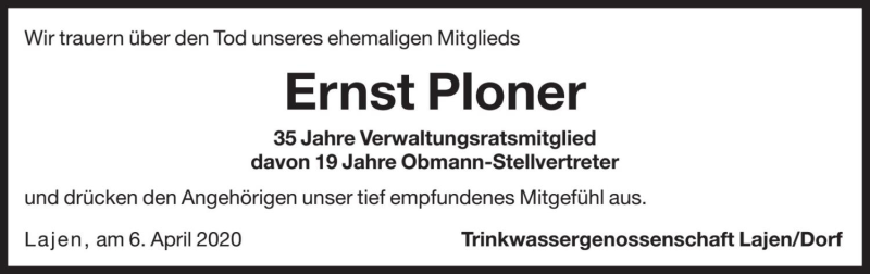  Traueranzeige für Ernst Ploner  vom 06.04.2020 aus Dolomiten