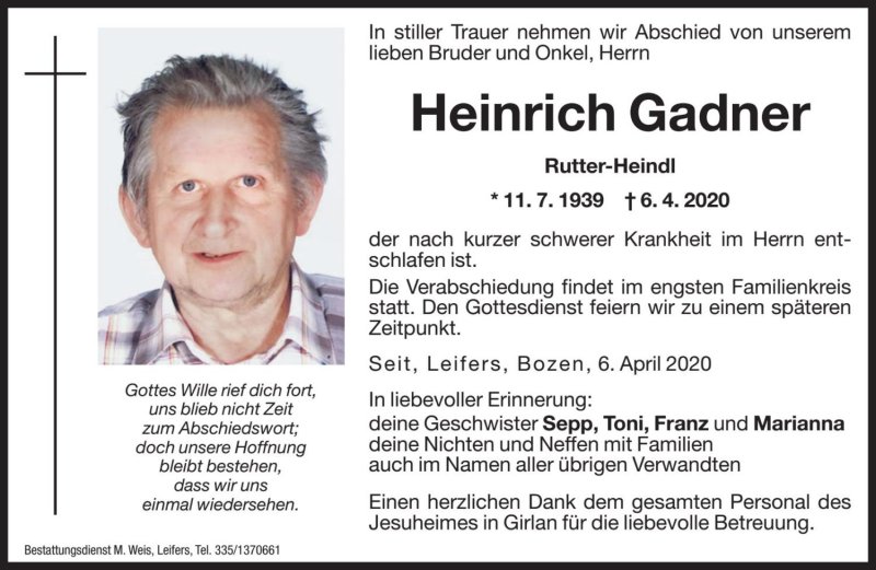  Traueranzeige für Heinrich Gadner vom 08.04.2020 aus Dolomiten