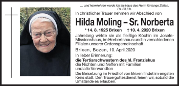 Traueranzeige von Hilda Moling von Dolomiten