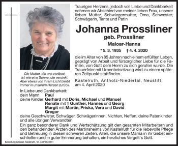 Traueranzeige von Johanna Prossliner von Dolomiten