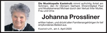 Traueranzeige von Johanna Prossliner von Dolomiten