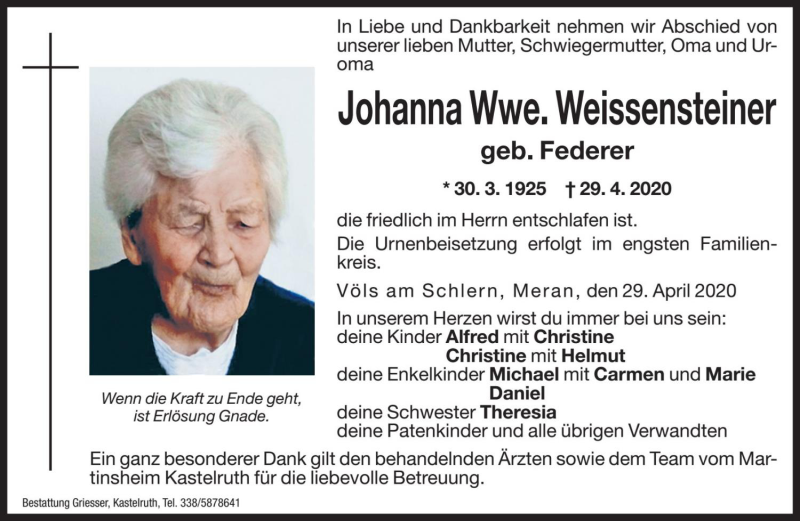  Traueranzeige für Johanna Weissensteiner vom 30.04.2020 aus Dolomiten
