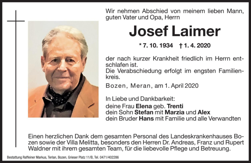  Traueranzeige für Josef Laimer vom 03.04.2020 aus Dolomiten