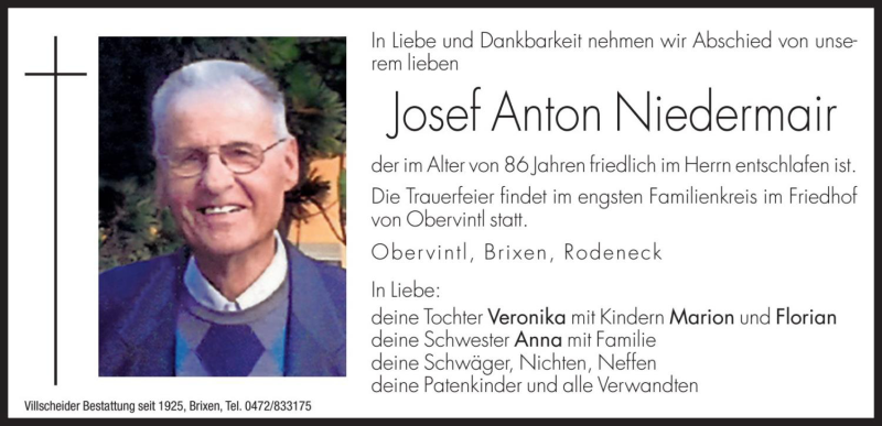  Traueranzeige für Josef Anton Niedermair vom 04.04.2020 aus Dolomiten