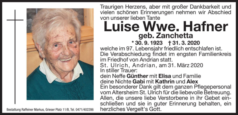  Traueranzeige für Luise Hafner vom 01.04.2020 aus Dolomiten