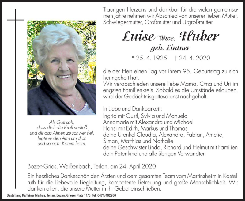  Traueranzeige für Luise Huber vom 27.04.2020 aus Dolomiten