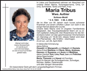 Traueranzeige von Maria Authier von Dolomiten