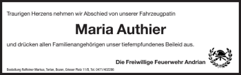 Traueranzeige von Maria Authier von Dolomiten